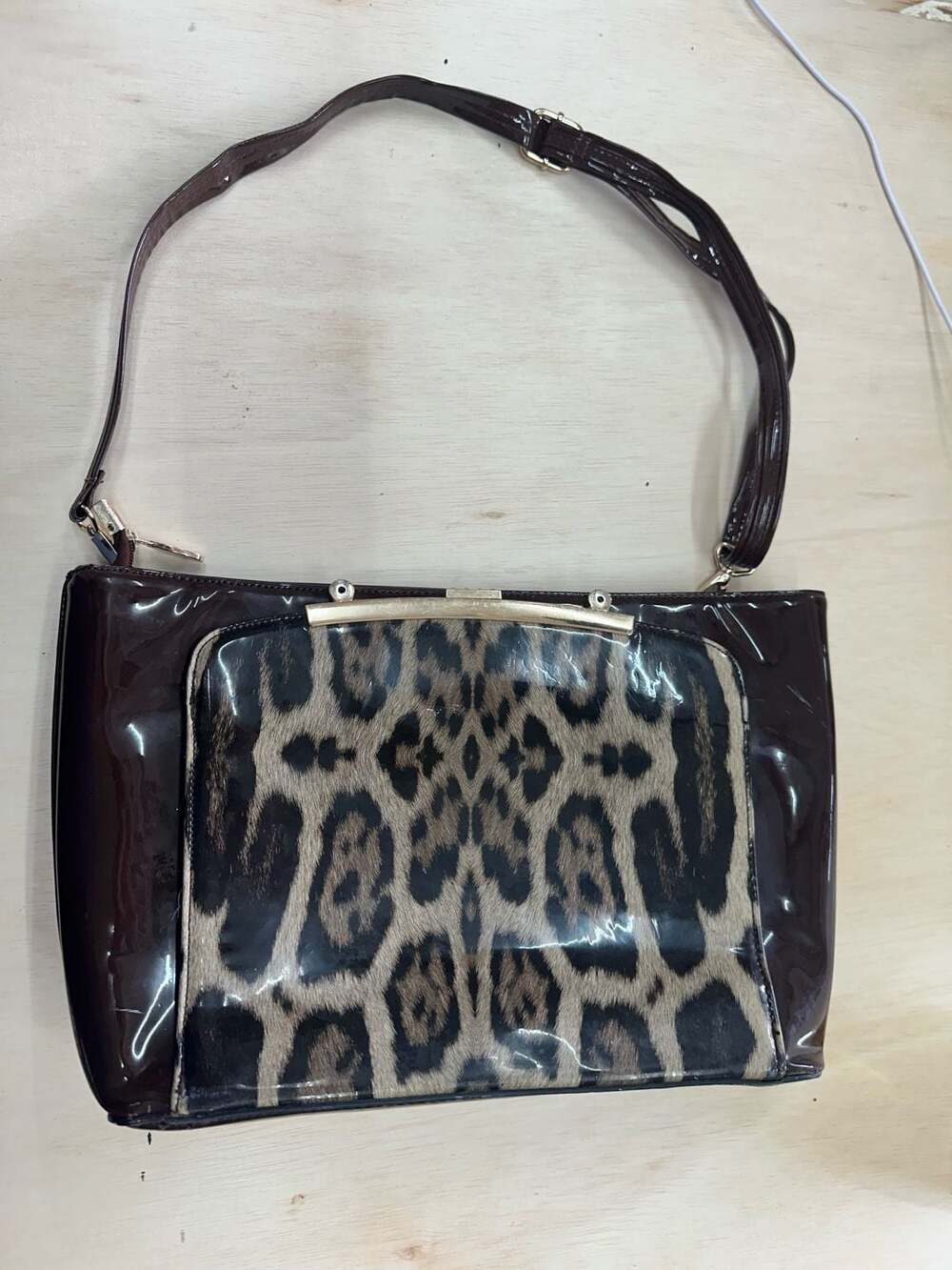 Michael Kors Leopard Print Patent Leather Shoulder Bag Brown